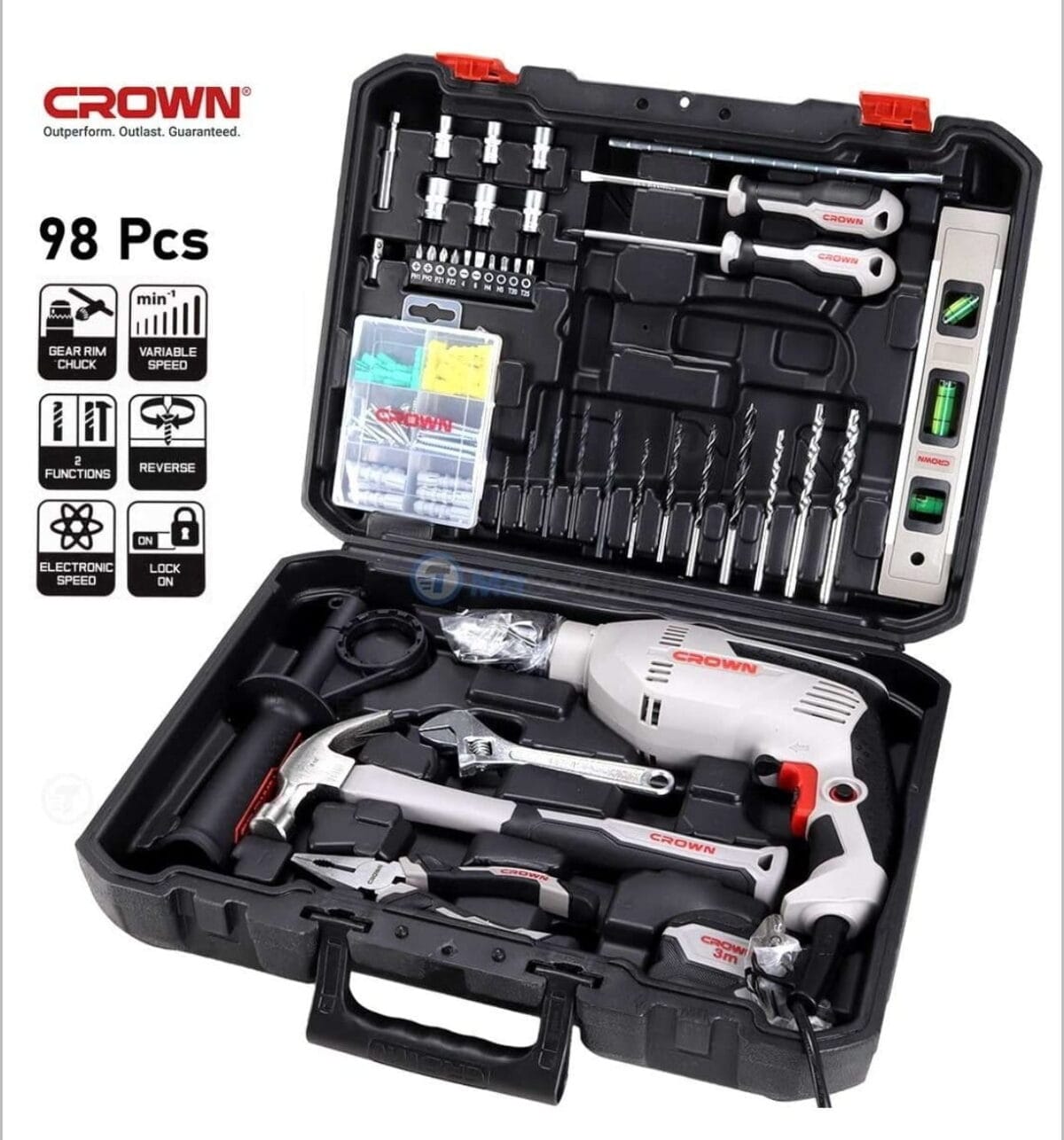 Perceuse à Percussion 600W CROWN 13 mm + Coffret Outillage 98 Pièces – CK10 – Image 1