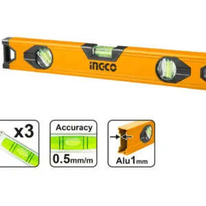 INGCO Niveau à Bulle Aluminium 60 cm – 3 Fioles – Haute Précision – HSL18060