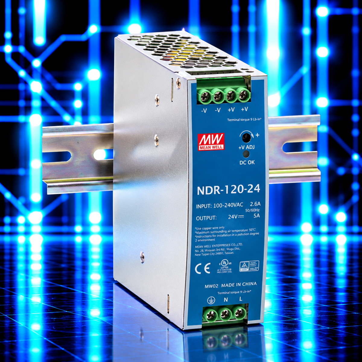 Alimentation MEAN WELL NDR-120-24 – 24 V – 5 A Alimentation industrielle MEAN WELL NDR-120-24 24 V DC 5 A 120 W pour rail DIN