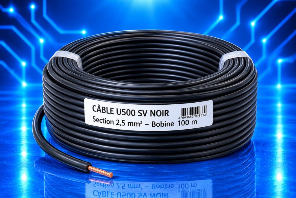 Bobine de câble électrique U500 SV noir de section 2,5 mm², longueur 100 mètres.