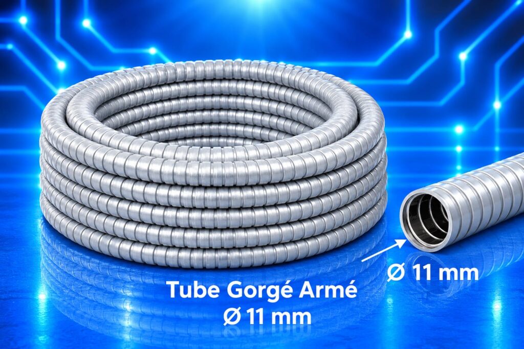 Tube gorge armé de diamètre 11 mm pour la protection des conducteurs électriques.