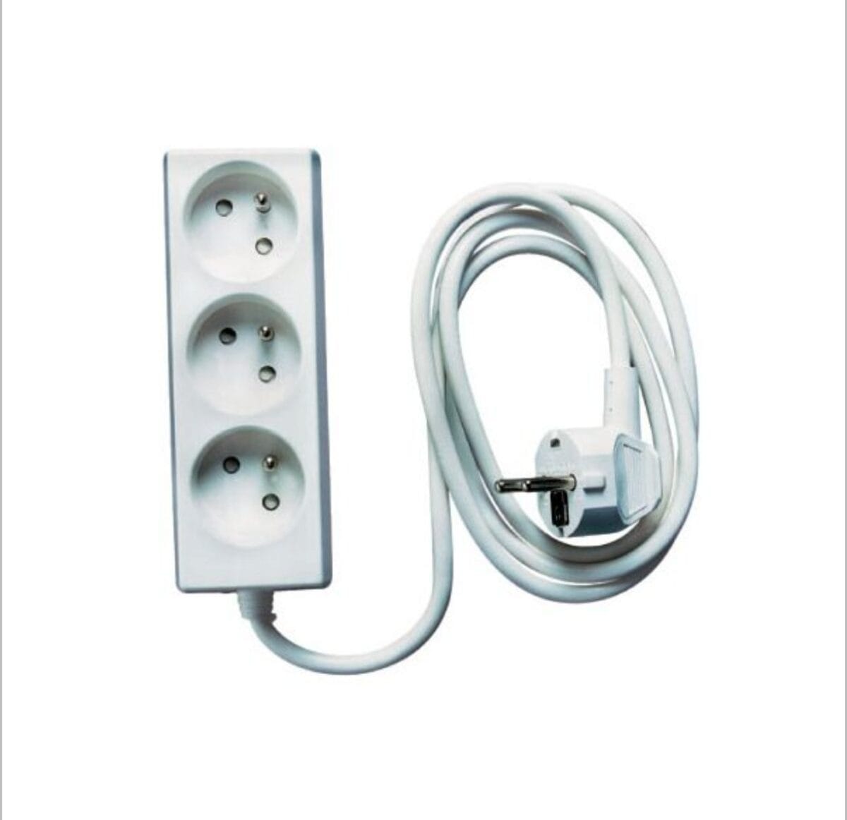 Multiprise INGELEC 3 prises 2P+T – Câble 3m – Blanc – Image 1