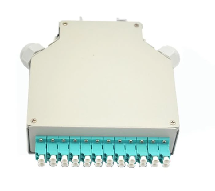 Boîtier Fibre Optique Rail DIN 12 Ports LC OM3 – Équipé Boîtier fibre optique métallique Rail DIN 12 ports LC multimode OM3 équipé