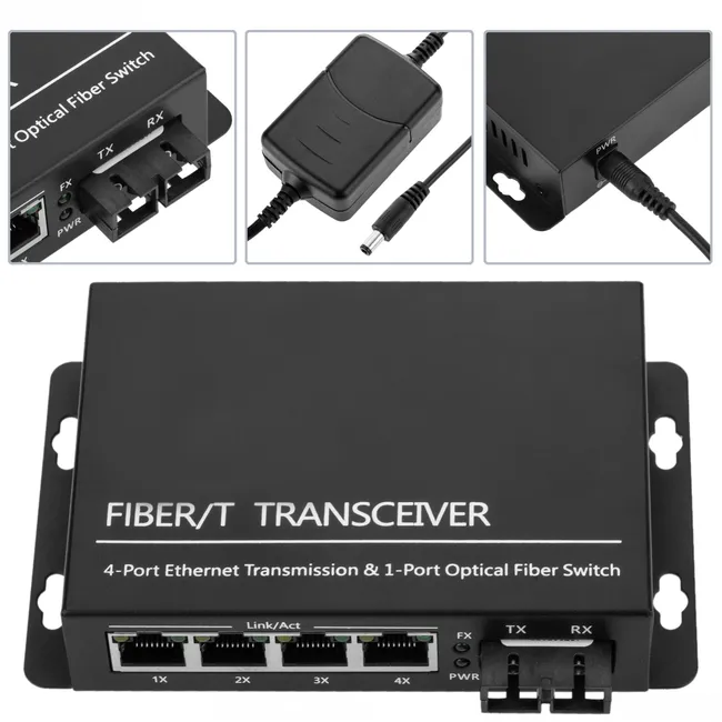 Convertisseur Fibre SC vers 4 RJ45 Gigabit – 20 km Convertisseur fibre optique monomode SC vers 4 ports RJ45 Gigabit 20 km
