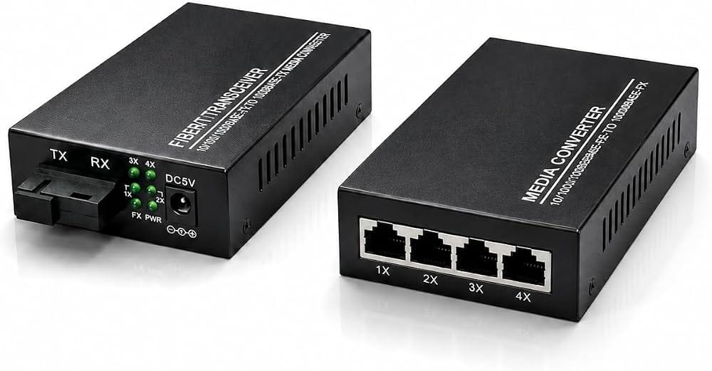 Convertisseur Fibre SC vers 4 RJ45 Gigabit PoE – 20 km Convertisseur fibre optique monomode SC 4 ports RJ45 Gigabit PoE 20 km