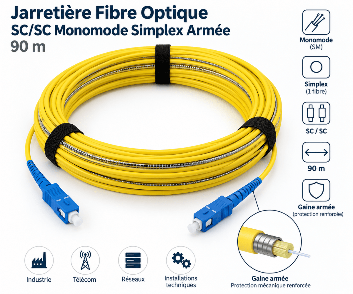 Jarretière fibre optique SC SC monomode simplex armée 90 mètres