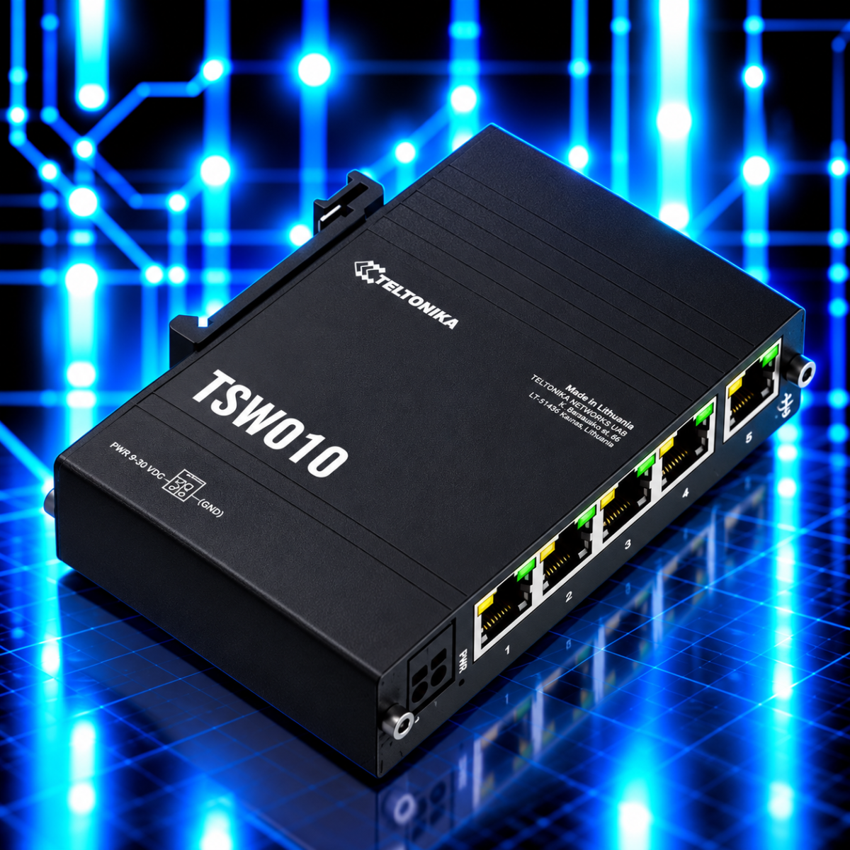 Switch Ethernet industriel Teltonika TSW010 avec 5 ports RJ45 Fast Ethernet 10/100 Mbps et montage rail DIN