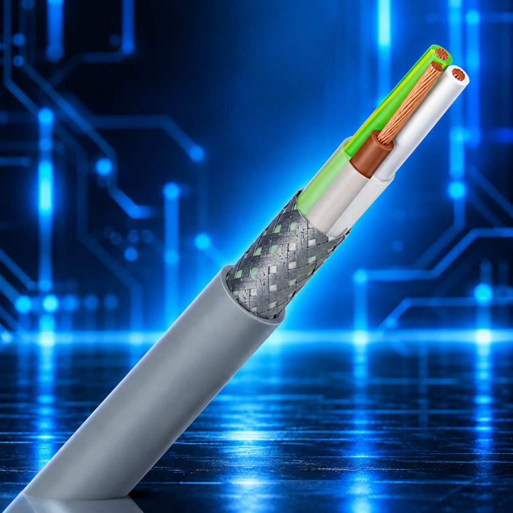 Câble de signal blindé LiYCY 3×0,75 mm² avec trois conducteurs cuivre souple, isolation PVC et tresse de blindage