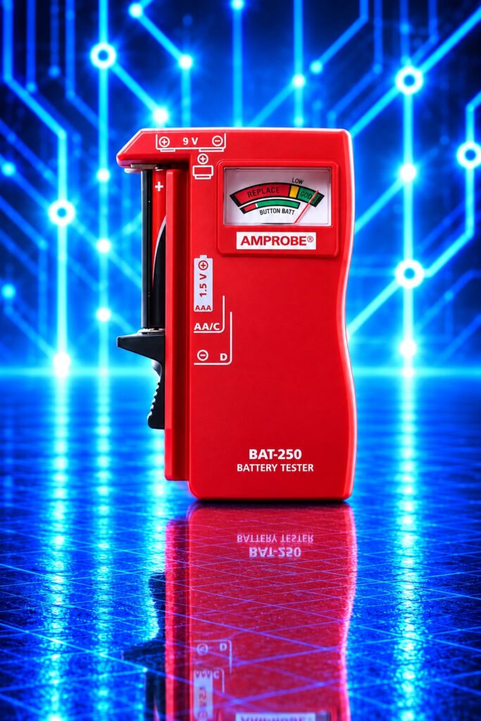Testeur de piles BAT-250-EUR compatible AA, AAA, C, D, piles bouton et 9 V