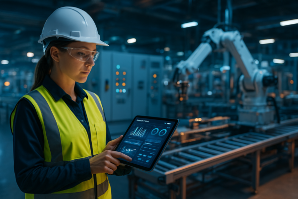 Ouvrière portant un casque et un gilet haute visibilité, consultant une tablette dans une usine robotisée
