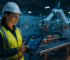 Ouvrière portant un casque et un gilet haute visibilité, consultant une tablette dans une usine robotisée