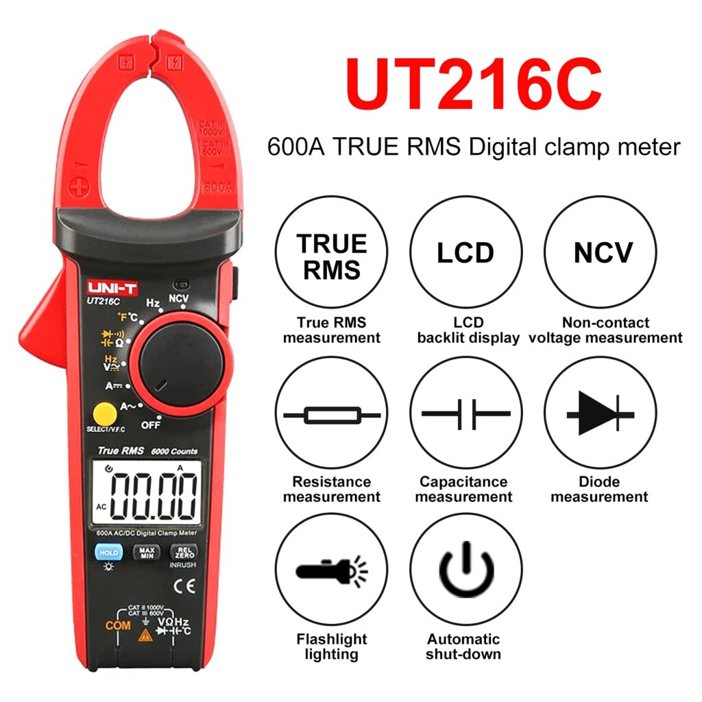 Pince ampèremétrique numérique UNI-T UT216C True RMS 600 A AC/DC